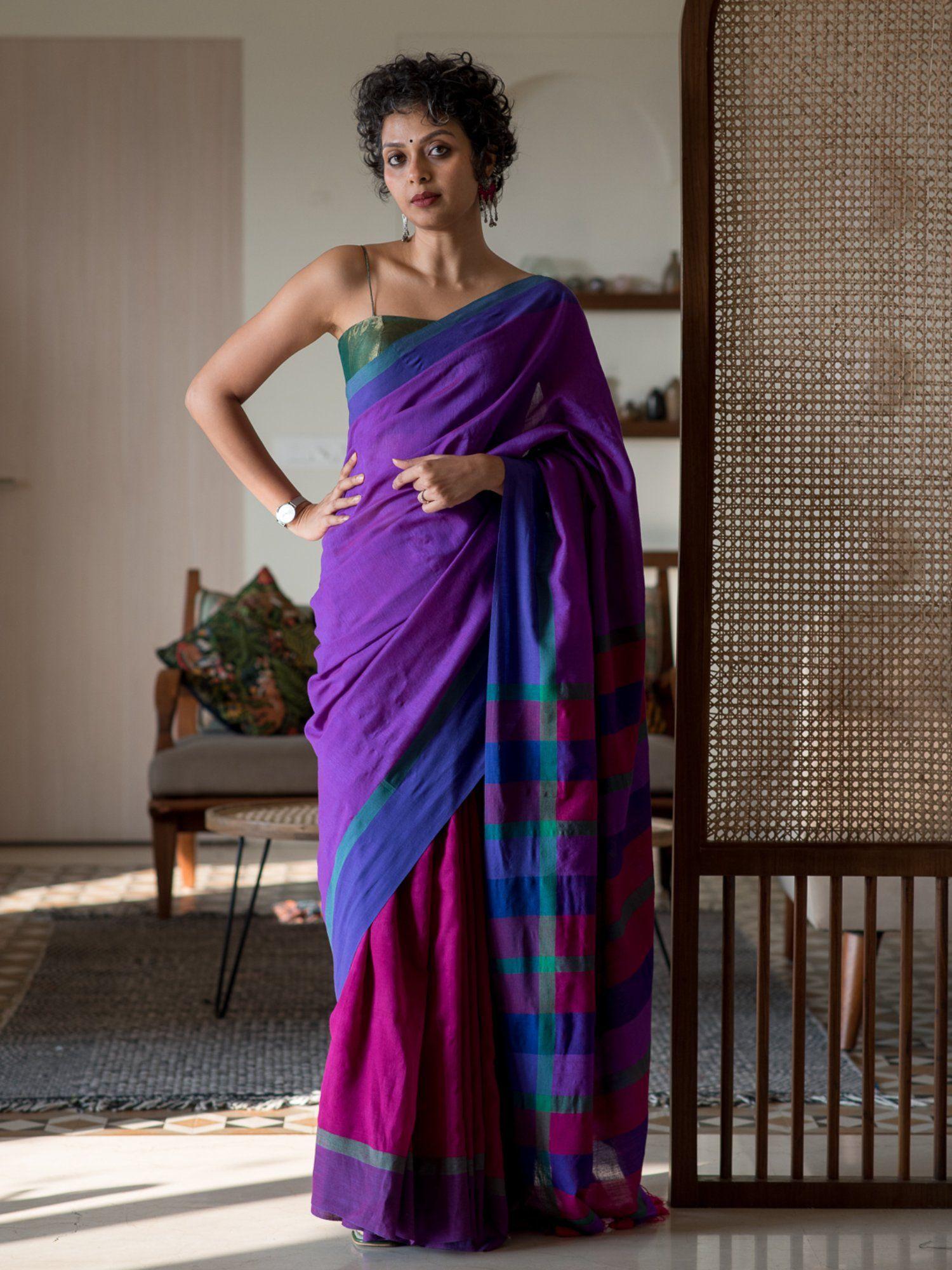 multi color woven design cotton blend saree with unstitched blouse