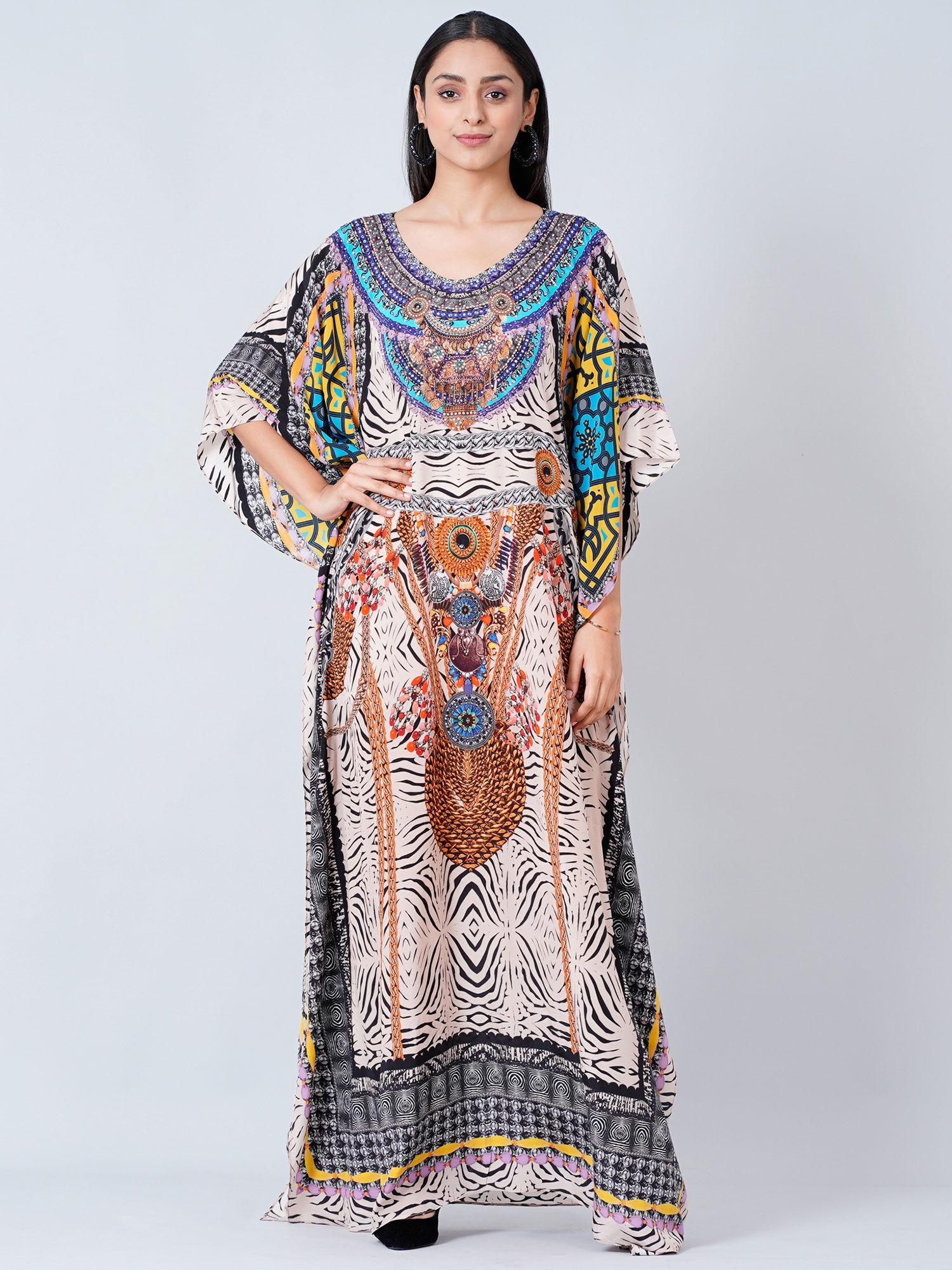 multi-color zebra animal print embellished silk kaftan