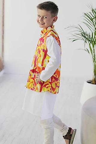 multi-colored cotton & cotton silk printed bundi jacket with kurta set for boys
