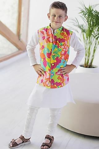 multi-colored cotton & cotton silk printed bundi jacket with kurta set for boys