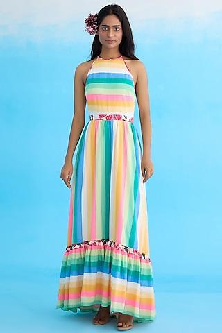 multi-colored cotton hand embroidered & striped maxi dress