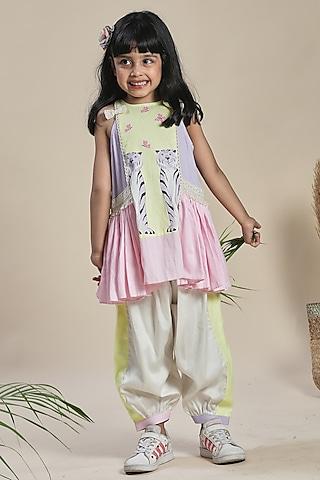 multi-colored cotton satin butterfly printed a-line kurta set for girls