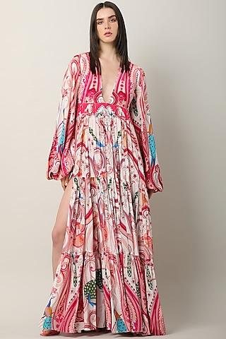 multi-colored crepe printed & embroidered dress