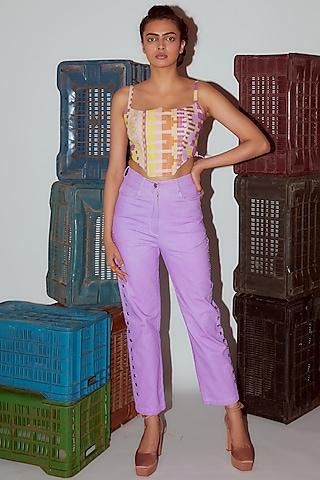 multi-colored denim printed corset top