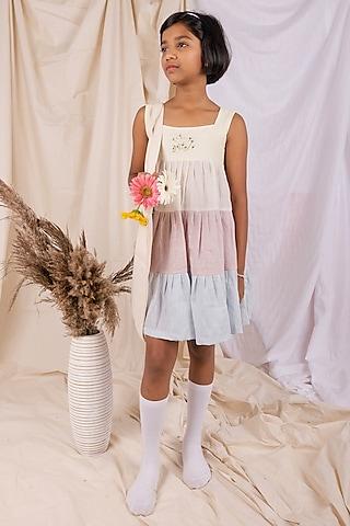 multi-colored linen & lyocell floral hand embroidered dress for girls