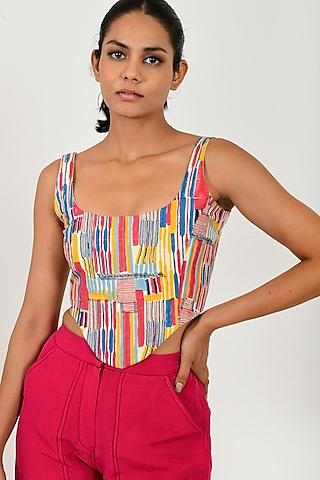multi-colored linen blend printed corset top