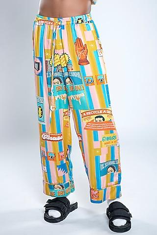 multi-colored lyocell tencel satin printed wide-leg trousers