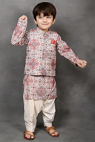 multi-colored muslin abstract geometrical printed nehru jacket set for boys