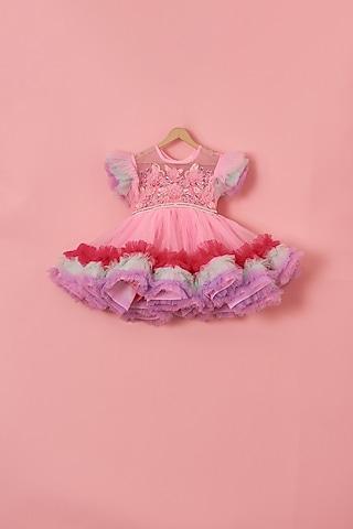 multi-colored net & satin beads embroidered frilled dress for girls