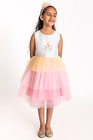 multi-colored net unicorn printed & hand embroidered dress for girls