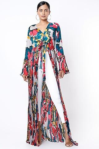 multi-colored printed micro-pleated blouse