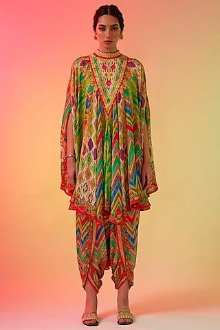 multi-colored silk printed draped circular dress