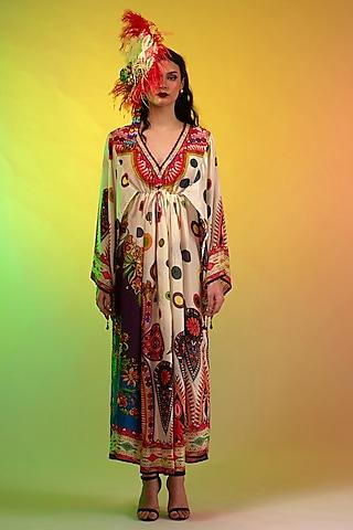 multi-colored silk printed kaftan dress