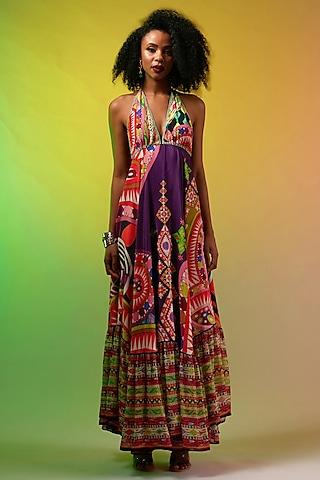 multi-colored silk printed maxi dress