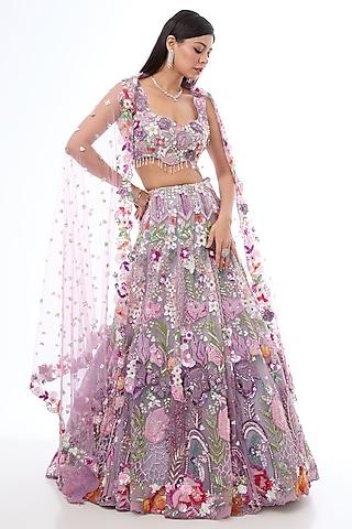 multi-colored tulle net sequins hand embroidered lehenga set