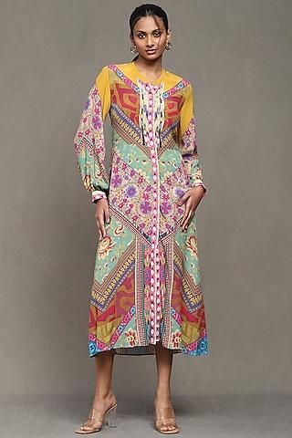 multi-colored viscose crepe printed midi dress