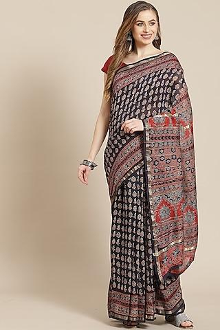 multi-colored ajrakh printed saree with blouse piece