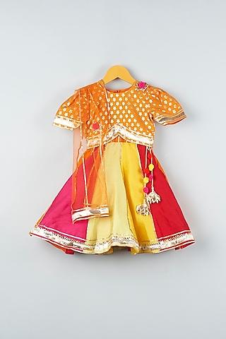 multi-colored artificial silk, net, & brocade lehenga set for girls