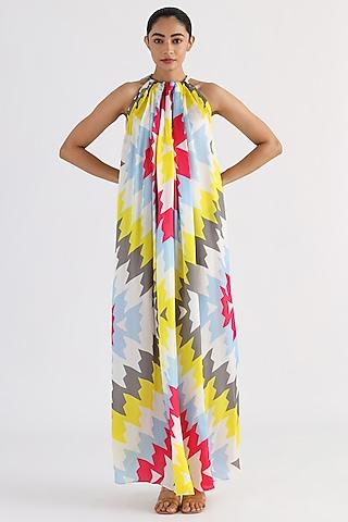 multi-colored bemberg printed halter dress