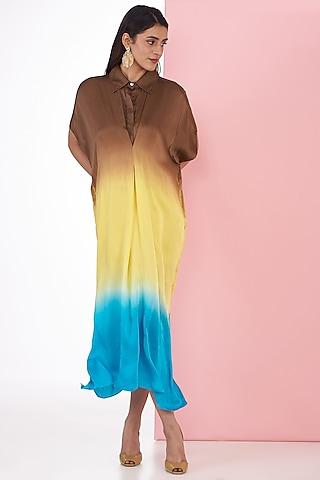 multi-colored bemberg satin ombre printed shirt dress