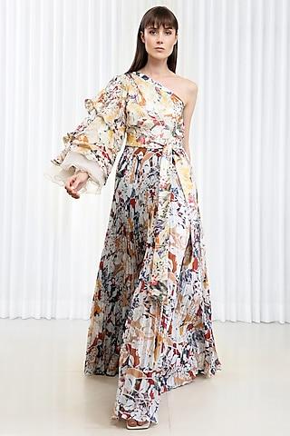 multi-colored brasso printed pleated one shoulder dress