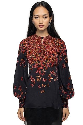 multi-colored butterfly printed blouson top