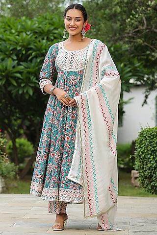 multi-colored cambric cotton block printed anarkali set