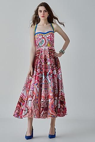 multi-colored cambric paisley printed flared midi dress