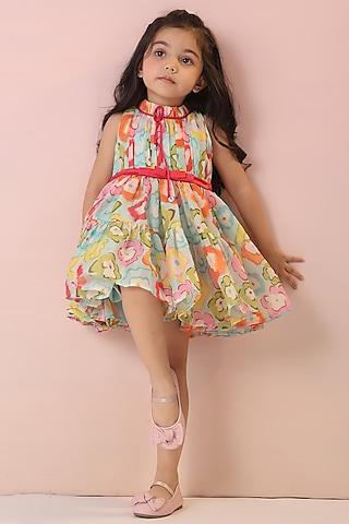 multi-colored chanderi & satin floral printed dress for girls