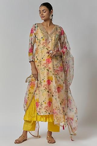 multi-colored chanderi floral printed kurta set