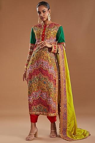 multi-colored chanderi leheriya printed kurta set