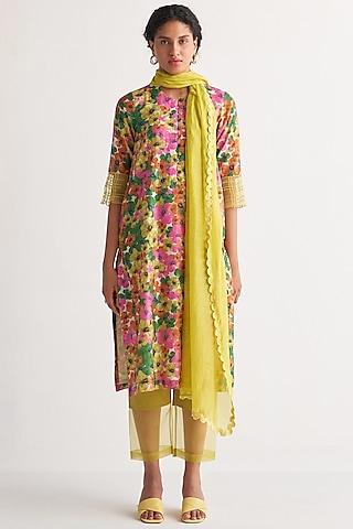 multi-colored chanderi printed & embroidered kurta set