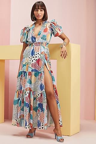 multi colored chanderi printed maxi dress