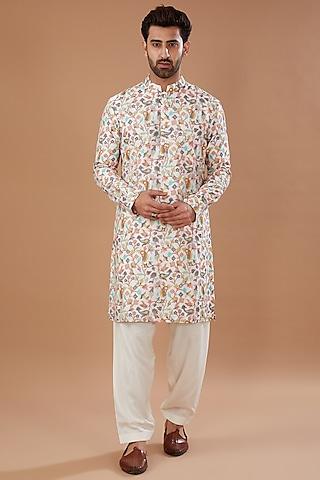 multi-colored chanderi silk thread embroidered kurta set