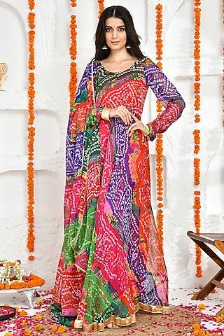 multi-colored chiffon bandhani printed flared anarkali set