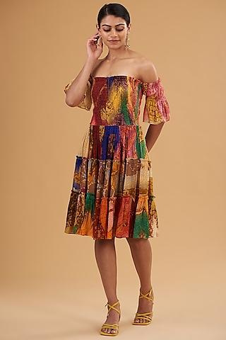multi-colored chiffon digital printed off-shoulder dress