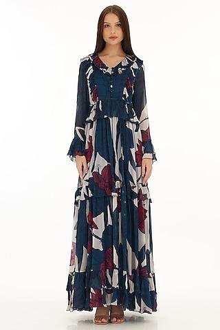 multi-colored chiffon floral printed frilled maxi dress