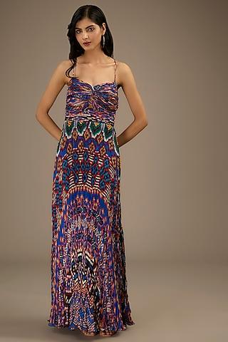 multi-colored chiffon ikat printed pleated maxi dress