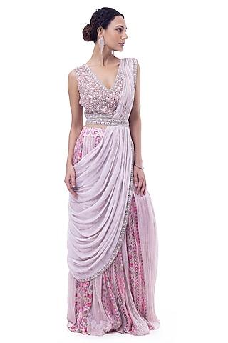 multi-colored chiffon printed draped saree set