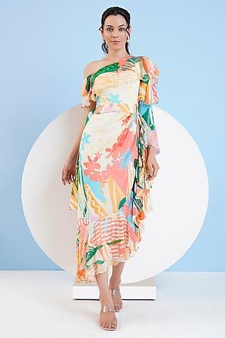 multi-colored chiffon printed one-shoulder maxi dress