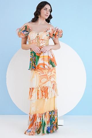 multi-colored chiffon tropical printed tiered maxi dress