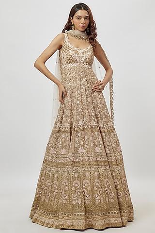 multi-colored chikankari hand embroidered gown with dupatta
