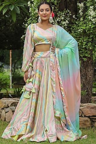 multi-colored chinnon digital foil printed lehenga set