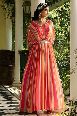 multi-colored chinon silk striped gown with belt