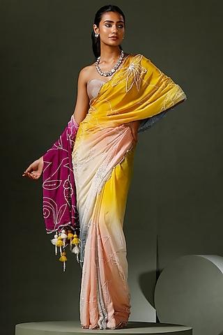multi-colored chinon tie-dyed & embroidered saree set