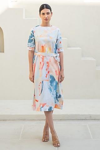 multi-colored cotton abstract digital printed dress with belt