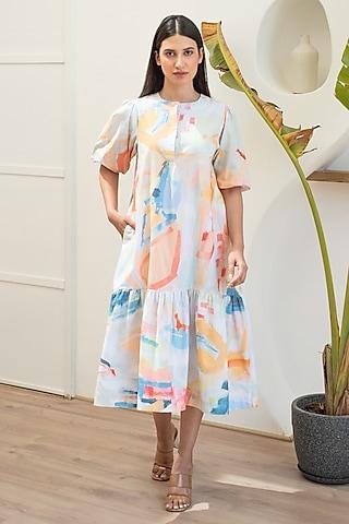 multi-colored cotton abstract digital printed flared dress