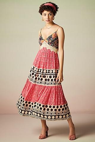 multi-colored cotton chiffon & georgette printed spaghetti dress