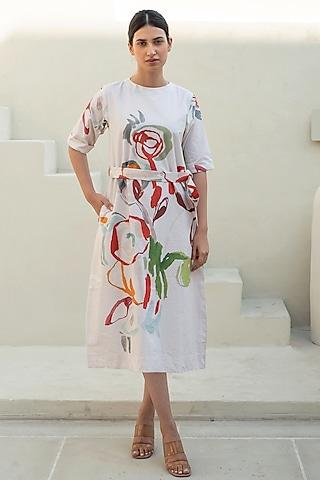 multi-colored cotton floral digital printed dress with belt