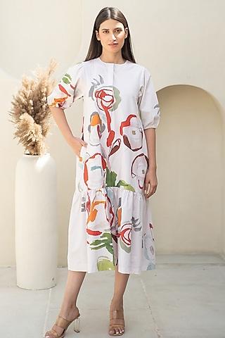 multi-colored cotton floral digital printed flared dress